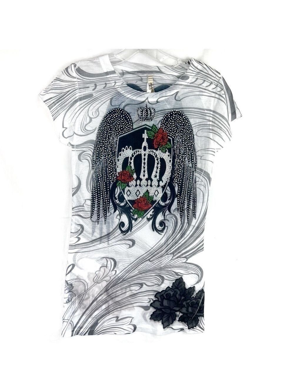 NEW-H.I.P Tee Brand Rhinestone Angels wings and Crown Chick CrewNeck T-Shirt Top